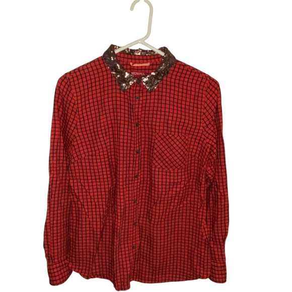 Merona red plaid cotton button down with rose gold sequin collar - Picture 2 of 9